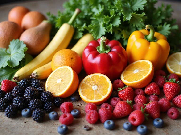 Frutta e verdura fresca e colorata disposta artisticamente