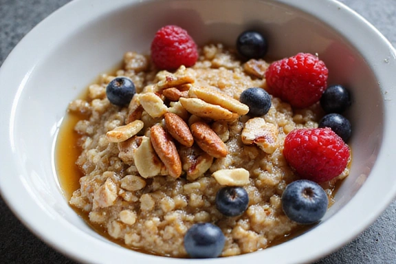 Immagine di una ciotola di cereali integrali con frutta