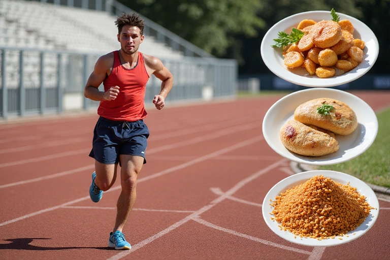 Un atleta energico che corre su una pista, con sfocatura di movimento, e in primo piano, un'immagine sovrapposta di alimenti ricchi di proteine e carboidrati, simboleggiando la nutrizione sportiva.