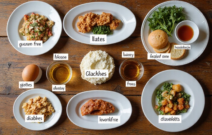 Un tavolo imbandito con una varietà di alimenti etichettati per diverse condizioni dietetiche, come 'senza glutine', 'senza lattosio', 'opzioni per diabetici', simboleggiando la nutrizione personalizzata per condizioni specifiche.